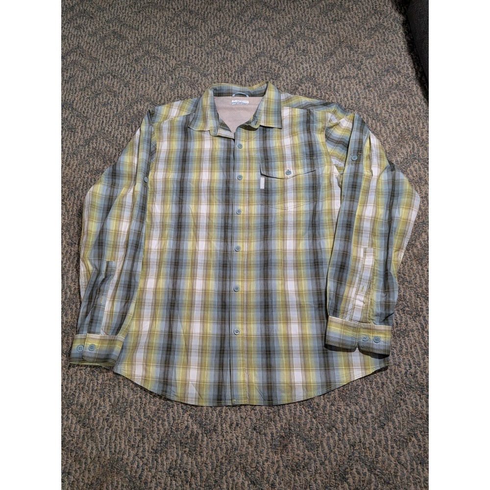 Columbia Mens Plaid Long Sleeve Roll Tab Hiking Shirt Green Blue Large L